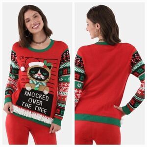 🔸️NWT Red & Green "Knocked Over the Tree" Cat Christmas Sweater Large